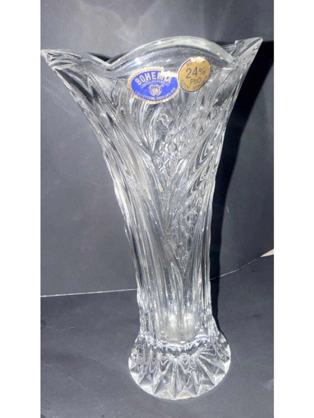Bohemia 24% Lead Crystal Vase Czech Republic 10" Tall Floral & Geometric Design